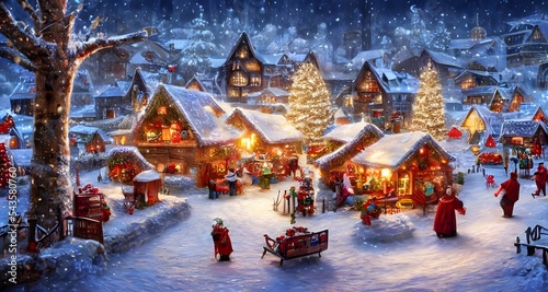 The snow is falling gently on the houses in the winter christmas village. The rooftops are dusted with frost and icicles hang from the eaves. Smoke curls up from chimneys and a few people can be seen 