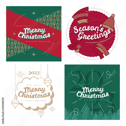 Modern Christmas and New Year 2023 Seasons Greetings Illustration Set of 4, eCard and Social Media Posts