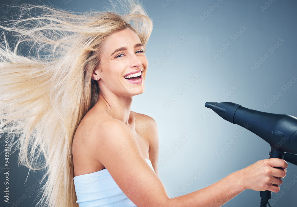 Beauty, hair care and portrait of woman with hair dryer for bathroom
