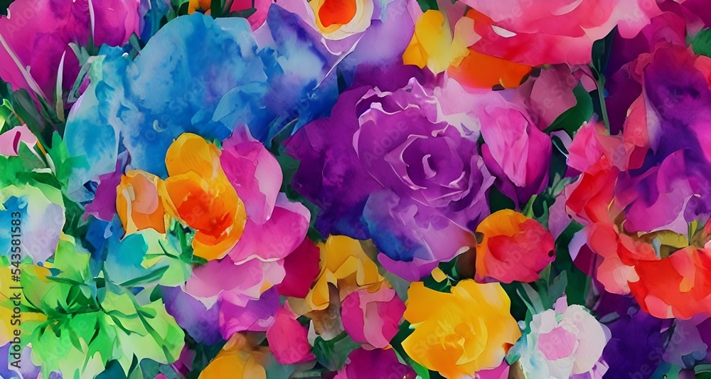It's a watercolor painting of a flower bouquet. The flowers are different shades of pink and purple, and they're all in bloom. The leaves are green, and the stems are thin and delicate. The whole thin