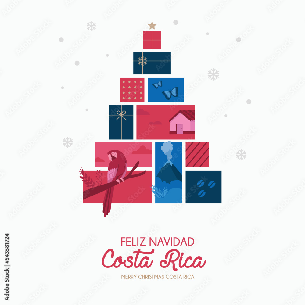 VECTORS. Editable banner for Christmas season and Holidays in Costa Rica. National symbols, patriotic icons, nature, christmas tree, presents