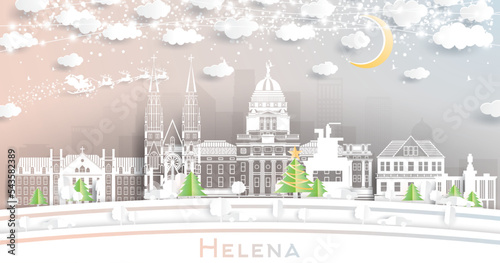 Helena Montana City Skyline in Paper Cut Style with Snowflakes, Moon and Neon Garland. photo
