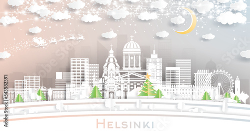 Helsinki Finland City Skyline in Paper Cut Style with Snowflakes  Moon and Neon Garland.