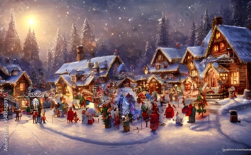 I am standing in the center of a winter christmas village. The snow is falling gently around me, and the air is filled with the sound of laughter and carols. The buildings are covered in garlands and