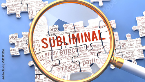 Subliminal as a complex and multipart topic under close inspection. Complexity shown as matching puzzle pieces defining dozens of vital ideas and concepts about Subliminal,3d illustration