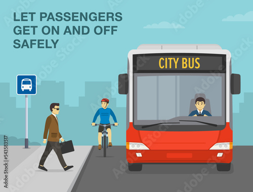 Pedestrian safety and car driving rules. Businessman getting on the bus. Let passengers get on and off safely. Male cyclist is approaching the bus stop. Front view. Flat vector illustration template.