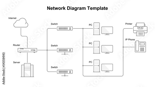 Network device icons and network diagram example illustration.