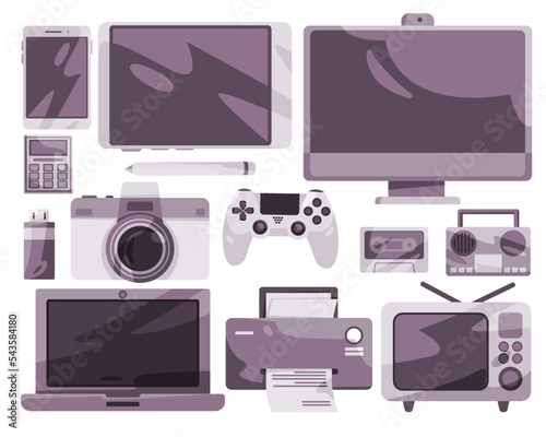 Electronic device laptop radio cassette game object set collection illustration