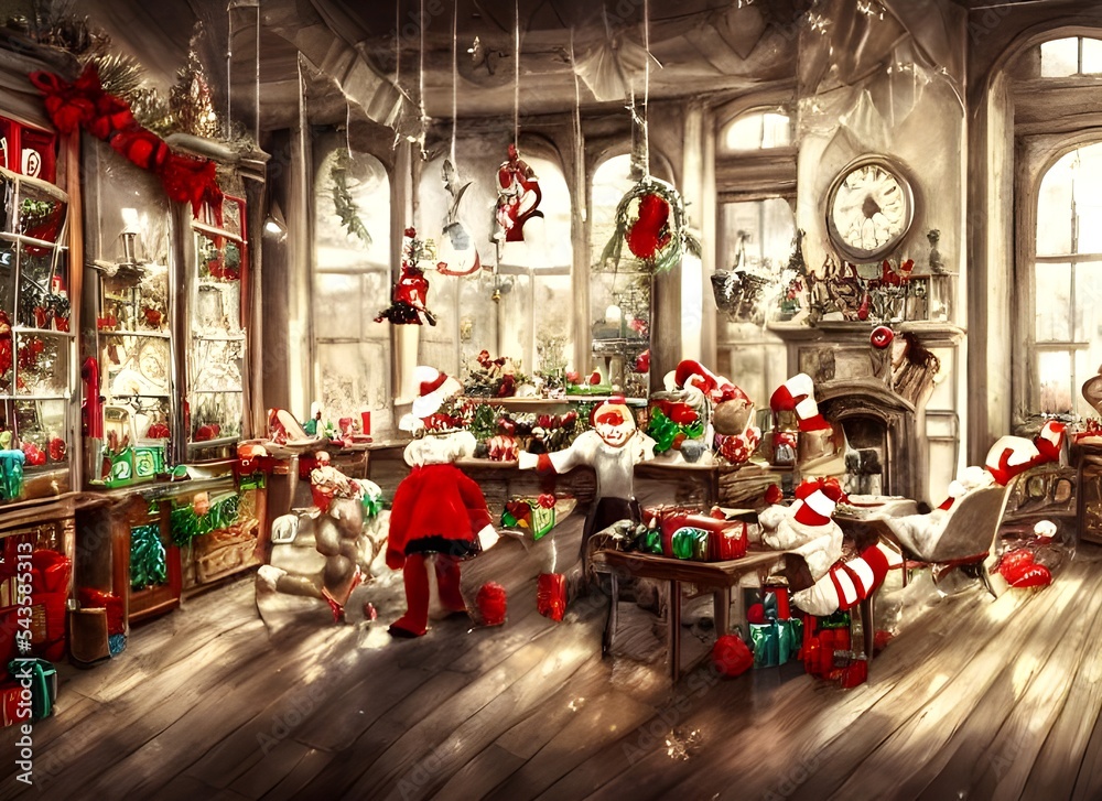 The factory is bustling with activity as elves race to finish making toys before Christmas. Santa is there too, checking off each toy as it's completed. The Merry workshop is filled with the sounds of