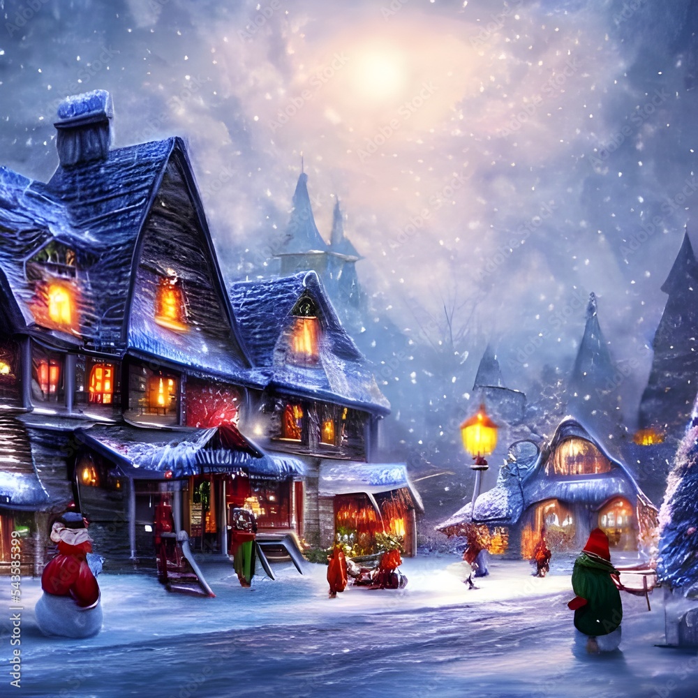 The winter christmas village is blanketed in a layer of fresh snow, making it look like a scene from a postcard. The buildings are hunkered down against the cold weather, and the streets are empty exc