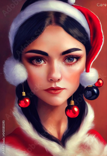 Rocker girl with Christmas costume illustration. Modern Mrs Claus. Dark Santa Girl. Mrs Claus modern Make-up Goth girl wearing a christmas outfit.