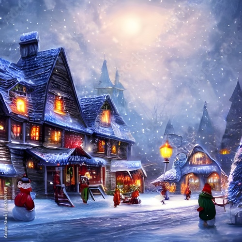 The winter christmas village is blanketed in a layer of fresh snow  making it look like a scene from a postcard. The buildings are hunkered down against the cold weather  and the streets are empty exc