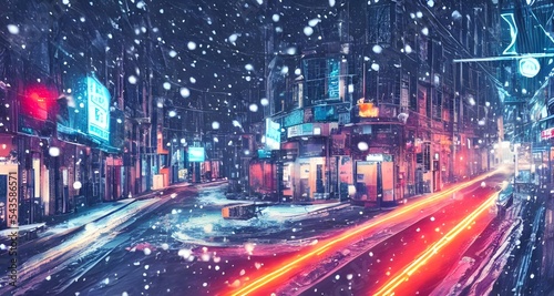 The snow is gently falling through the air, a few flakes landing on my nose as I observe the scene before me. The street lamps cast a warm glow over the pavement, which is slick with frost. Cars are p © dreamyart