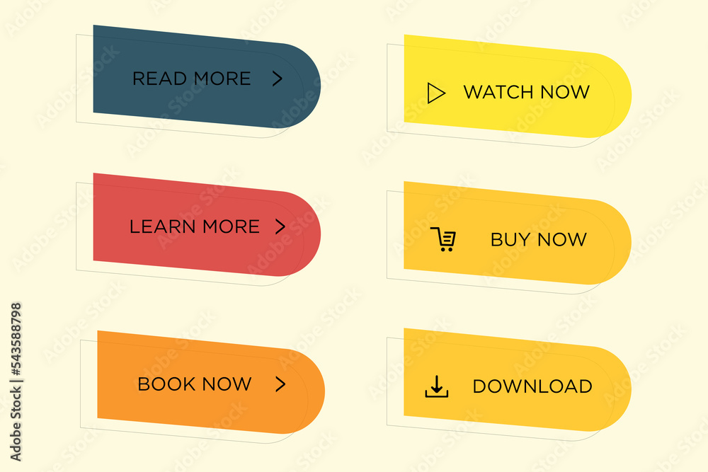 Modern trendy flat button vector set. Different color of main shape and ...