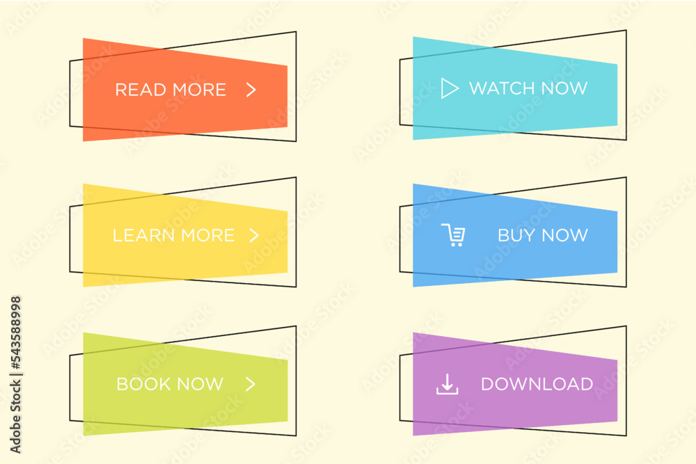 Fototapeta premium Modern trendy flat button vector set. Different color of main shape and icon with black outline frame