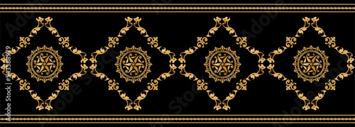 Seamless pattern decorated with precious stones, gold chains and pearls. 