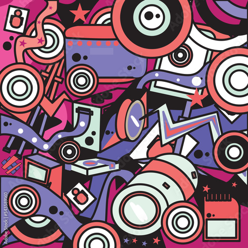 Colorful vector hand drawn Doodle cartoon set of doodle objects and symbols on the photography. camera lens, camera bag, memory card ,camera speed light illustration 