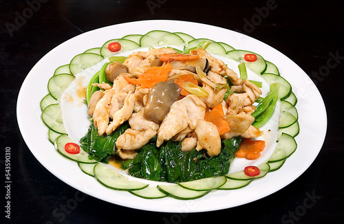 Delicious Chinese cuisine, Szechuan Sauce Chicken with Kailan vegetables
