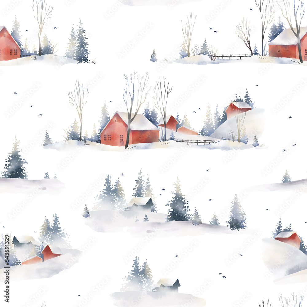 Watercolor hand drawn Christmas seamless pattern. Winter foggy landscapes, scandinavian village. Snow, red houses, trees, spruce, mountains, birds. New year elements isolated on white background.