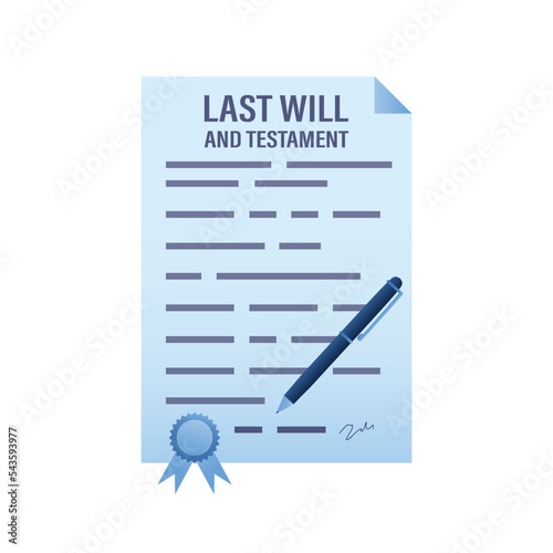 Testament and last will, property bequeath in old age. Signed document about wealth inheritance and official testamentary document. Funeral ceremony symbol