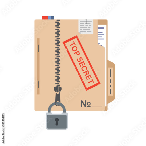 Government report with zipper and padlock. Top secret information, seal stamped on folder with important documents. Cardboard folder with stamp. Document case with papers, bookmarks