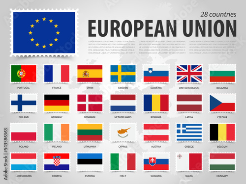 European union . EU . And membership country flag with europe map . Flat rectangular stamp design . Element vector .