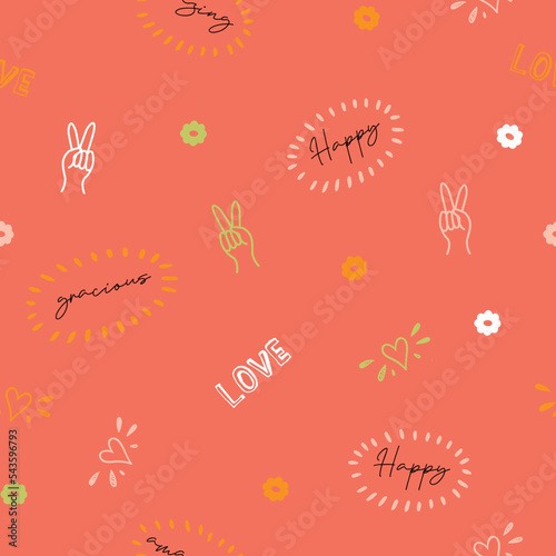 Cute, trendy, conversational seamless pattern print, doodle flowers, floral pattern, thought bubble, positive quotes, slogans, fabric, textile, tshirt, packaging, wrapping, girls, kids, women