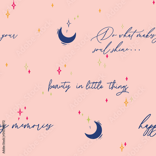 Cute, playful, conversational, celestial, sleepwear, positive letter and words seamless pattern, prints, fashion, textile, thanksgiving, christmas, tshirt, girls, kids 
