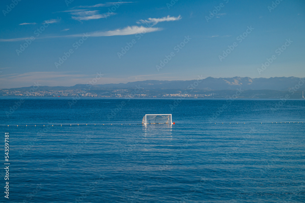 Football goal in water. Active summer vacation. Mediterranean Sea