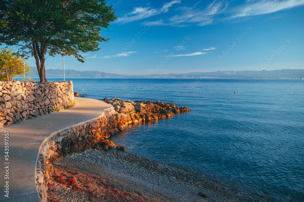 Beautiful beach near Brela town, Dalmatia, Croatia. Makarska riviera, famous landmark and travel touristic destination in Europe - obrazy, fototapety, plakaty 