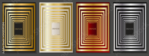 Set of gold and silver covers. Geometric pattern, composition of rectangles on a black, platinum and red background.