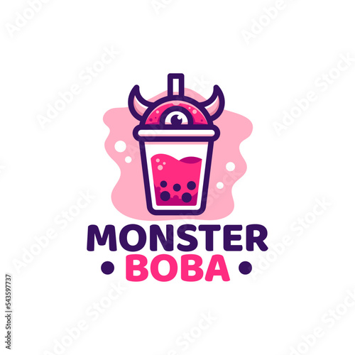 boba monster logo mascot vector illustration. cute cartoon drink a cup of boba