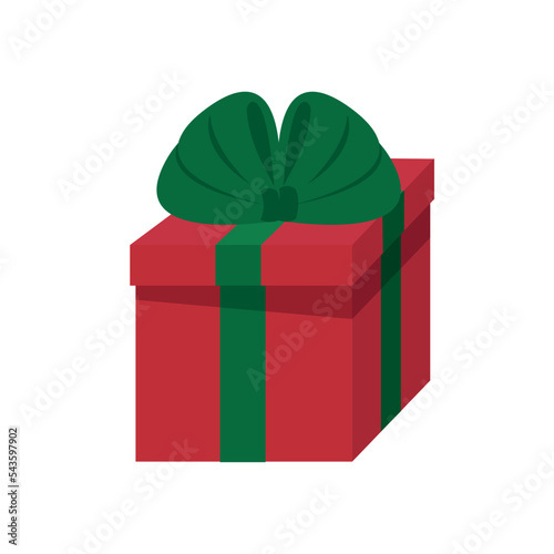 Three dimensional gift box with bow. Red Christmas Present on Clear White Background. Gift Box with Ribbon. Holiday decoration. Vector illustration in cartoon style