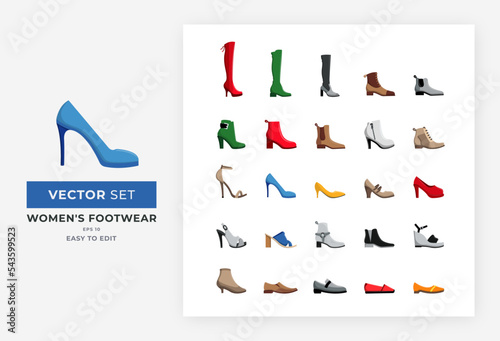 Collection of women's footwear set vector illustration. cute women shoe like slingback, mule, pumps, oxfords, heels, wedge, platform, boots, etc. Fully editable, eps 10.