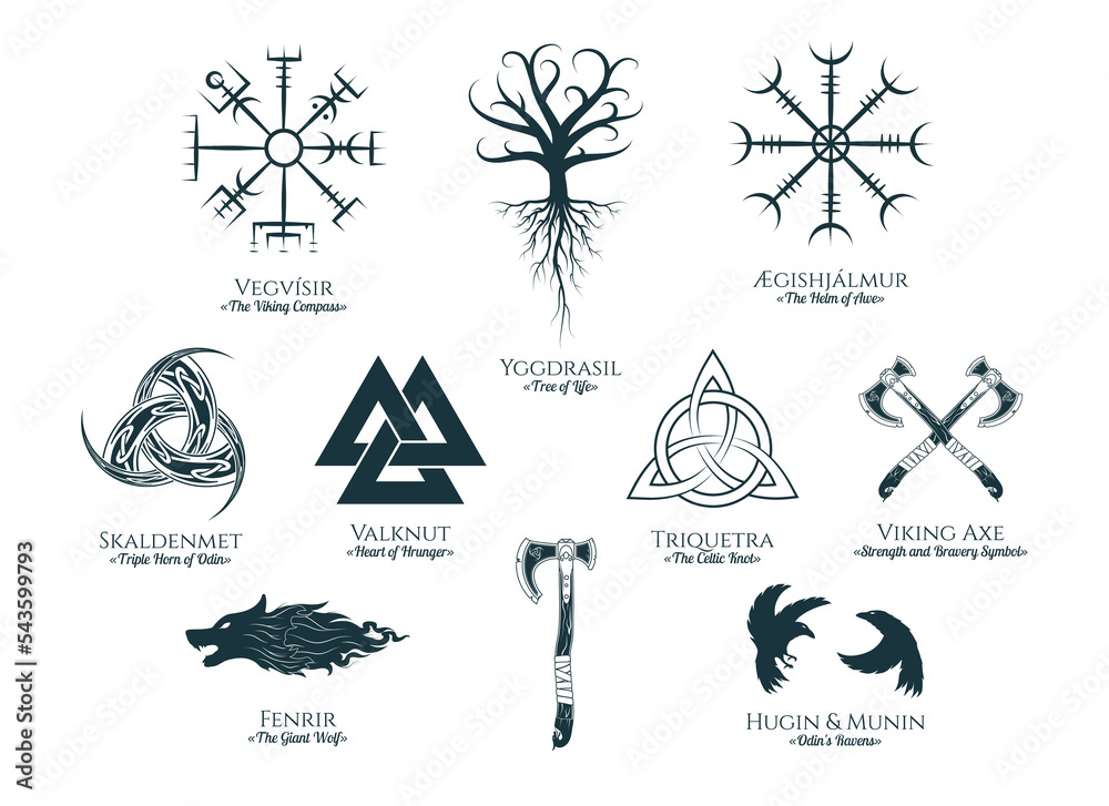Viking symbols isolated set. Magic collection of scandinavian  signs vegvisir, wolf, celtic tree of life, viking weapons. Vector illustration for  tattoo, print and t-shirt design. - obrazy, fototapety, plakaty 