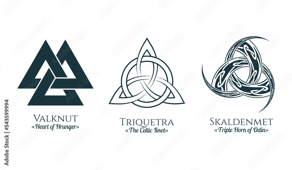 Viking symbols set. Three isolated  icons of pagan norse sign valknut, triquetra and skaldenment. Scandinavian vector illustration for tattoo, print and t-shirt design. - obrazy, fototapety, plakaty 