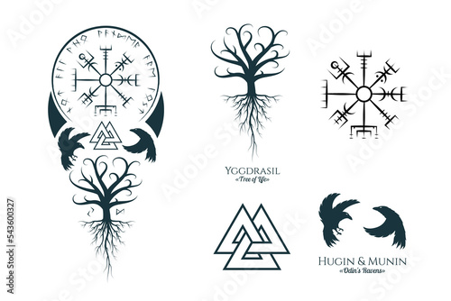 Viking symbols isolated set. Magic collection of scandinavian  signs vegvisir, valknut, celtic tree of life, Odin’s Ravens. Vector illustration for  tattoo, print and t-shirt design.