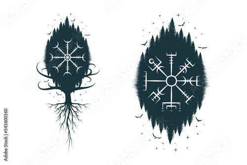 Viking symbols vegvisir, aegishjalmur, tree of life and ravens. Scandinavian vector illustration.
