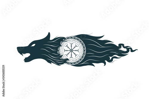 Vegvisir and fenrir, viking symbol isolated on white. Hand drawn vector illustration in the celtic style for tattoo and t-shirt design. 