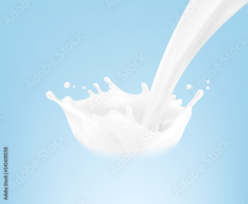 Realistic pour of milk and crown splashes on a colourful background. Vector illustration. Ready to use for your design. EPS 10.	