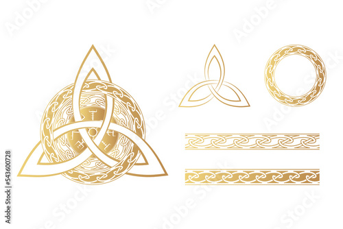 Golden viking symbols. Triquetra and Vegvisir, magic runic compass, in a circle of Scandinavian ornaments.. Vector isolated illustration in celtic style.