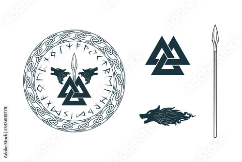Viking symbols valknut, giant wolves and a spear  in a circle of Scandinavian runes. Vector isolated illustration in celtic style for  tattoo, print and t-shirt design.