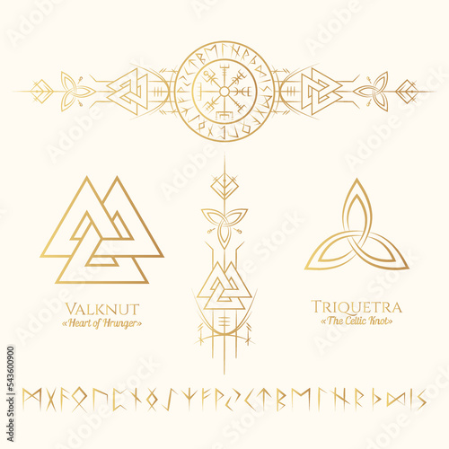Viking runes and symbols golden collection. Hand drawn isolated set of  pagan norse sign vegvisir, valknut, triquetra, runic circle. Scandinavian vector illustration.