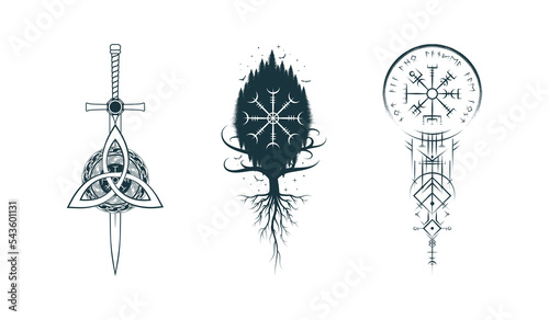 Viking symbols isolated set. Hand drawn collection of  pagan norse sign vegvisir, yggdrasil, triquetra, sword  and ravens. Scandinavian vector illustration for  tattoo, print and t-shirt design.