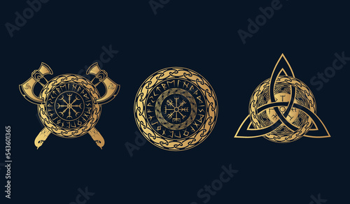 Viking symbols collection. Isolated set of three golden pagan norse sign vegvisir, triquetra and crossed axe on black background. Scandinavian vector illustration.