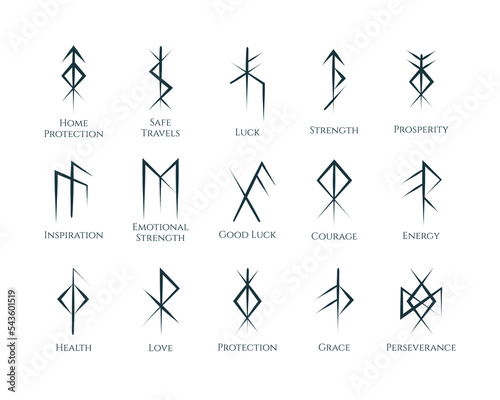 Viking Bind Runes isolated set. Mystical norse symbols collection with meanings. Scandinavian vector illustration for esoteric, fortune telling and tattoo. photo