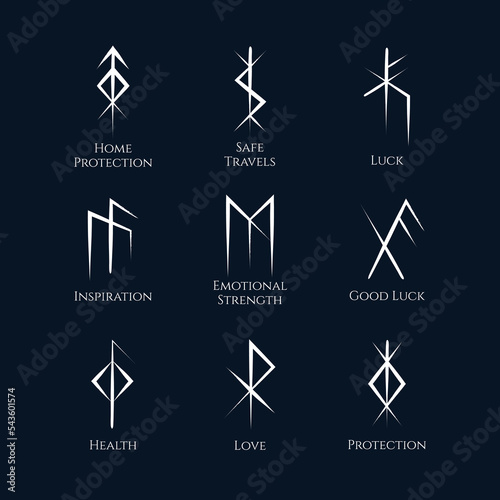 Viking Bind Runes isolated set. Mystical norse symbols collection with meanings. Scandinavian vector illustration on a black background.