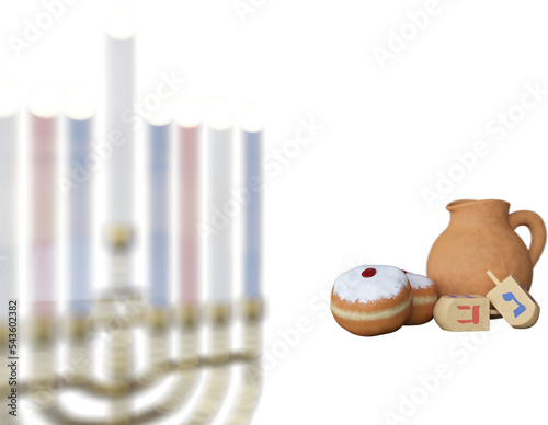 3d rendering Image of Jewish holiday Hanukkah with menorah or traditional Candelabra,gif box, jar and wooden dreidels or spinning top photo