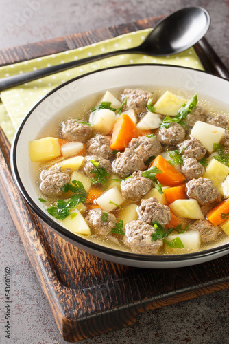Traditional Norwegian soup Sodd with root vegetables and beef meatballs close-up in a plate on the table. Vertical