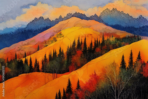 Wallpaper Mural Watercolor autumn mountain landscape.  Torontodigital.ca